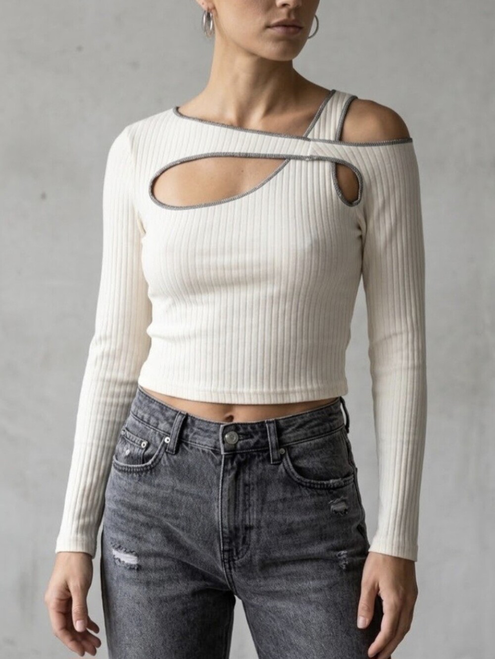 Asymmetric Cutout Ribbed Long-Sleeve Top in Cream